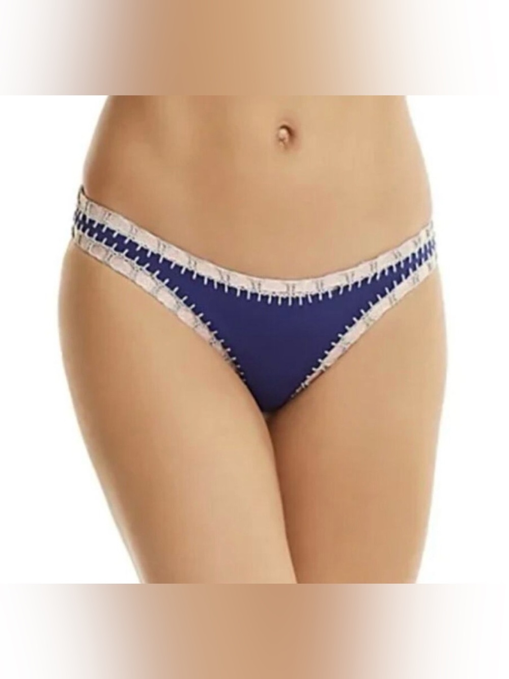 NWT Platinum Swimwear Crochet Trim Scoop Bikini Bottom Navy Blue Size Small